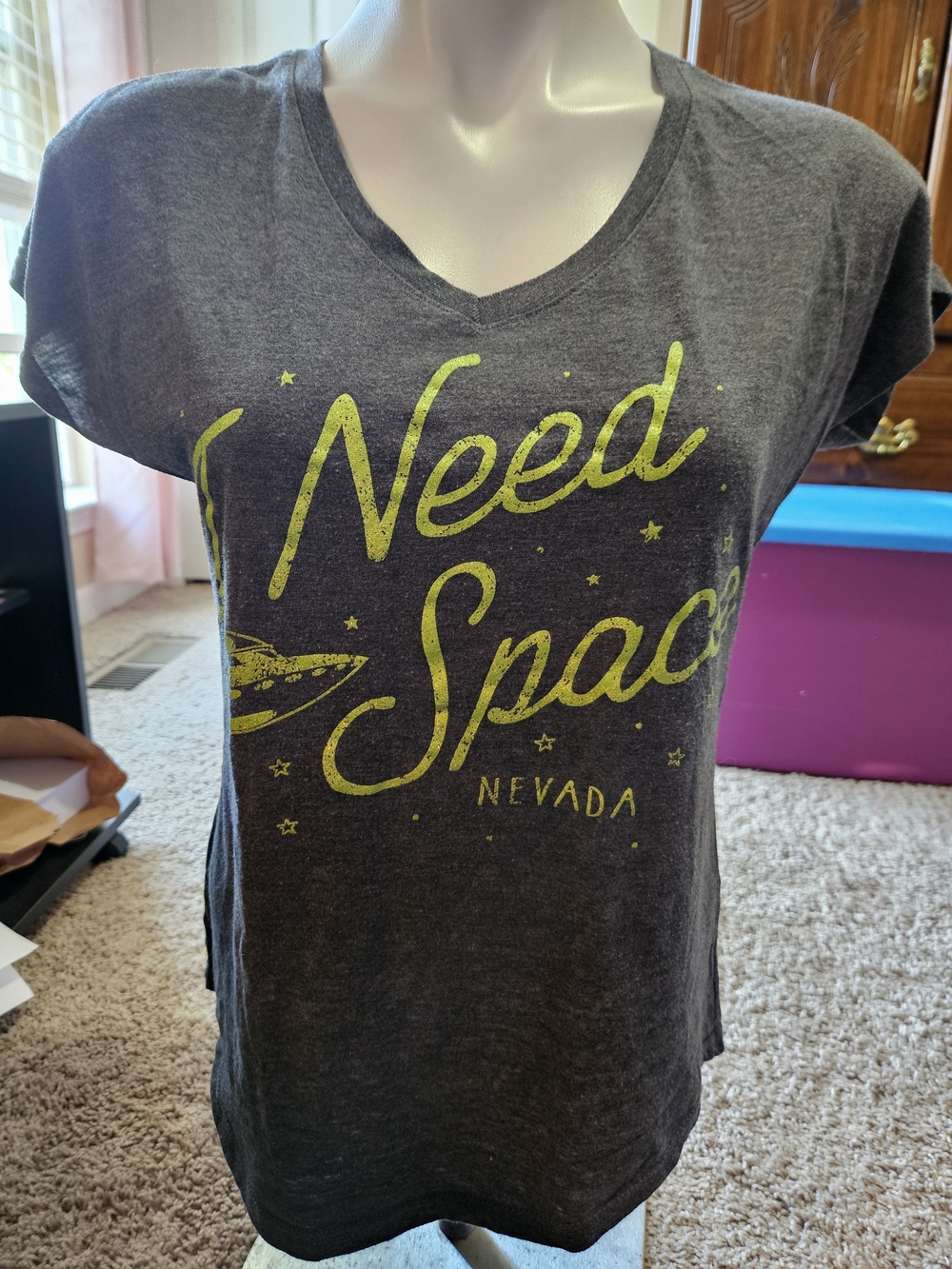 Anvil Charcoal Gray "Need Space" Graphic Tee with Neon Yellow Print